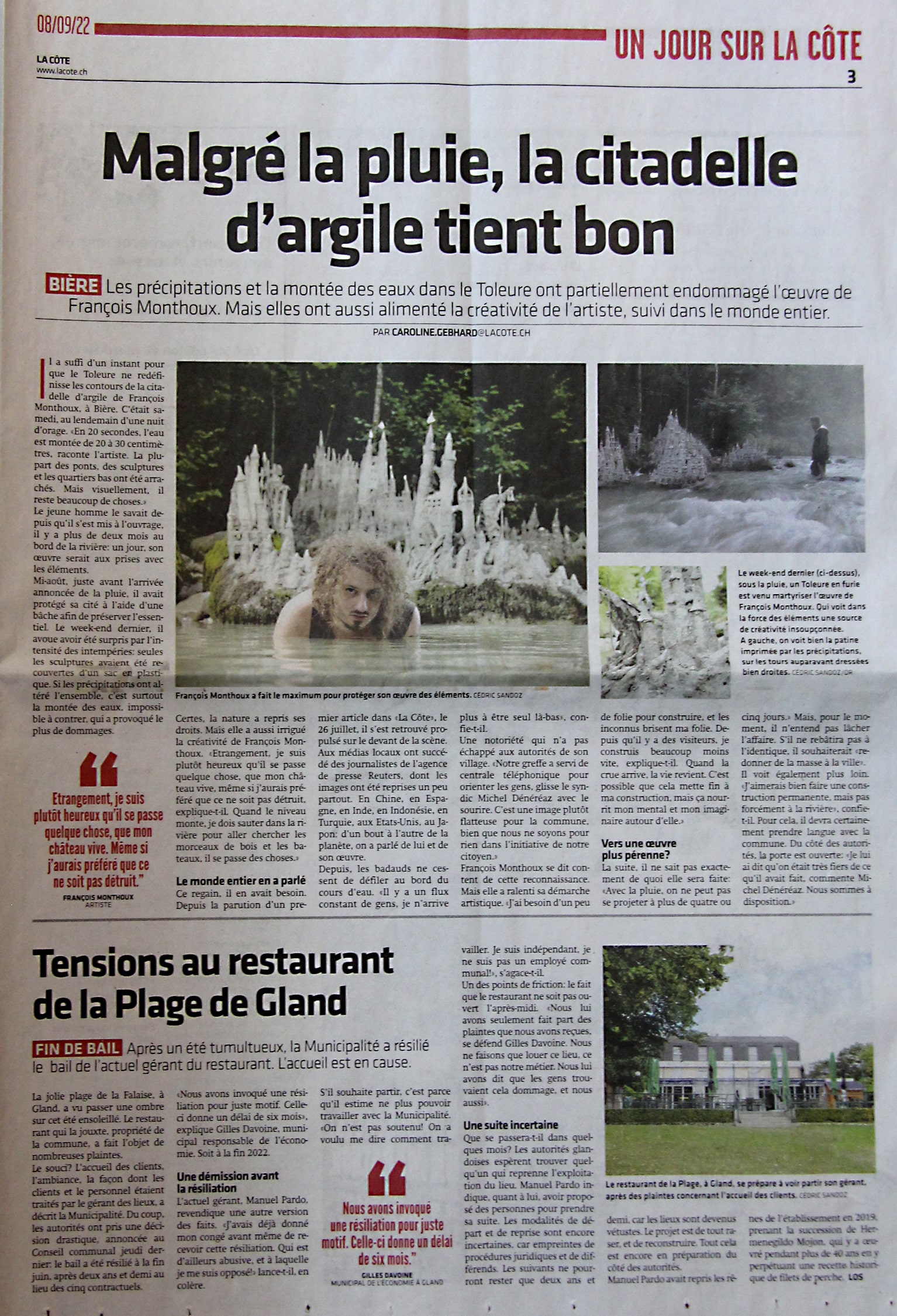article de journal sur françois monthoux artiste suisse romand